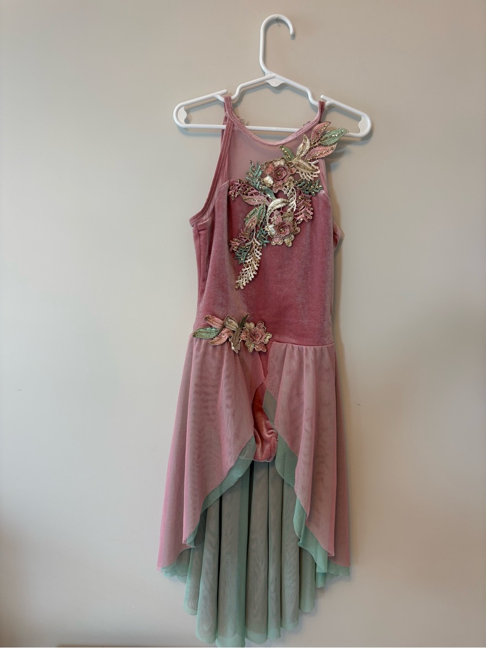 EUC Pink and Green Velour Lyrical Costume with Floral Appliqué